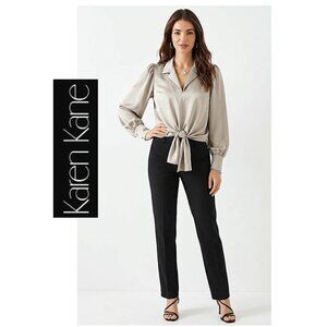 KAREN KANE - Satin front tie long sleeve taupe coloured blouse